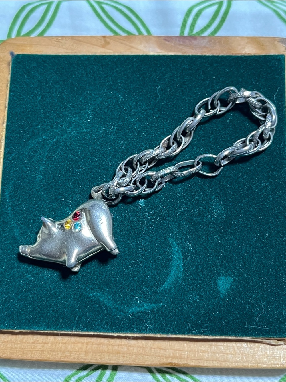 Silver tone Pig Charm Bracelet with Colorful Accent Stones VINTAGE